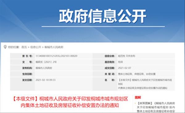 安徽省桐城市2021年最新土地征收及房屋征收补偿标准《桐城市城市规划区内集体土地征收及房屋征收补偿安置办法》出炉