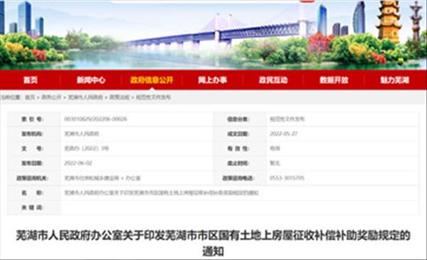 安徽省芜湖市市区2022年国有土地上房屋装修和附属设施补偿、签约搬迁奖励、安置补偿和停产停业损失标准等出炉